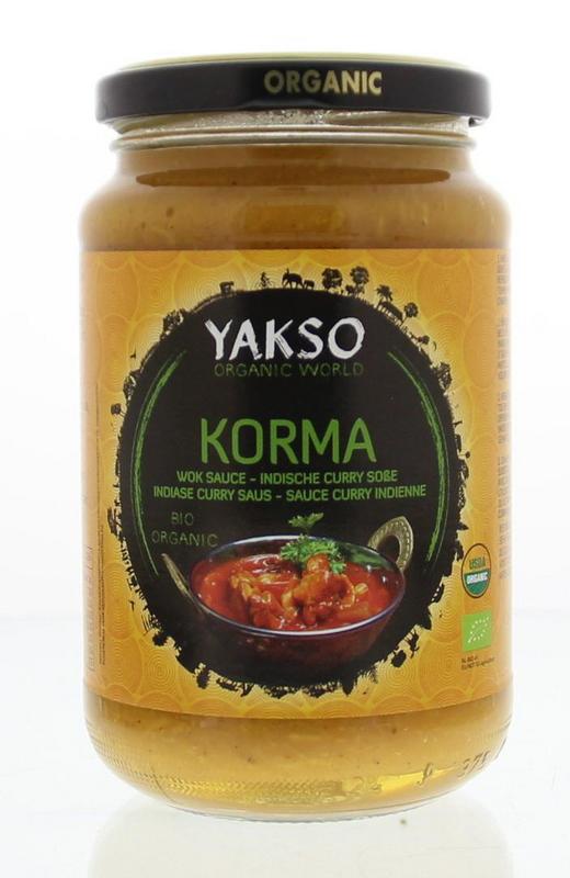 Yakso bio Korma stir-fry sauce in 350g jar, creamy and flavorful, ideal for enhancing Asian dishes, shown in the image.