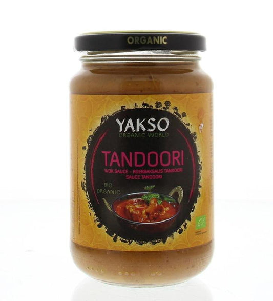 Yakso Tandoori bio stir-fry sauce in 350g jar, natural ingredients, ready to enhance Asian dishes with rich flavor.