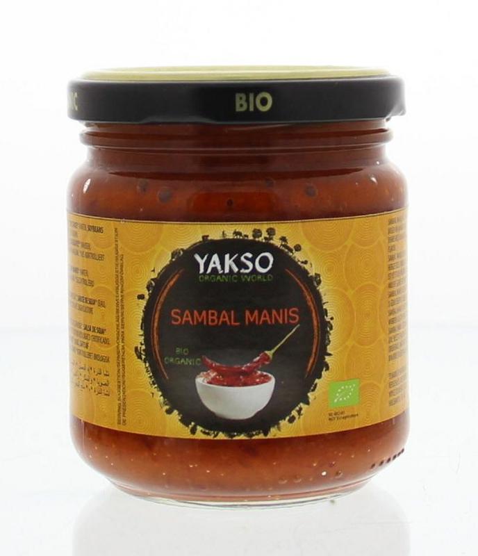 Yakso Sambal Manis bio sauce in a 200g jar, showcasing the colorful label and lid, part of Yakso's sauces and flavorings range.