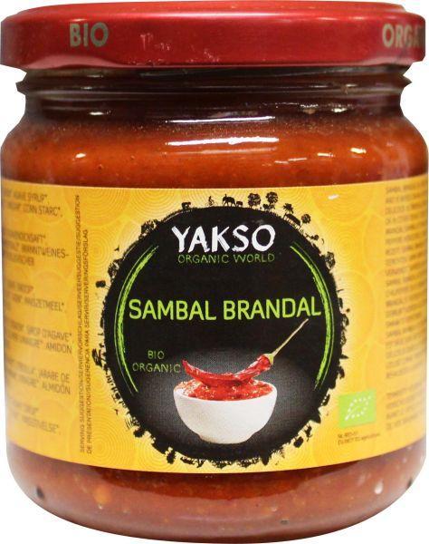 Yakso Sambal Brandal bio, 200g jar of spicy Indonesian chili sauce with fresh ingredients and vibrant red color.