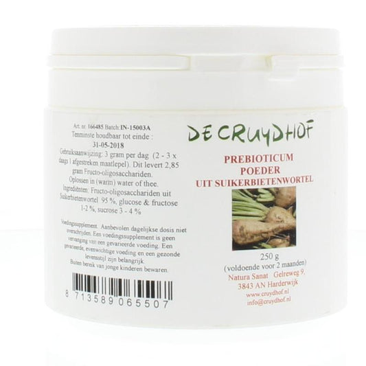 Cruydhof Prebioticum powder with micro-organisms, 250 grams, shown in a clear container, used to support gut health and digestion.