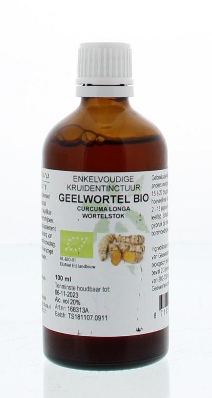 Cruydhof bio Curcuma longa geelwortel tinctuur in 100ml bottle, herbal preparation with bright yellow turmeric roots visible.