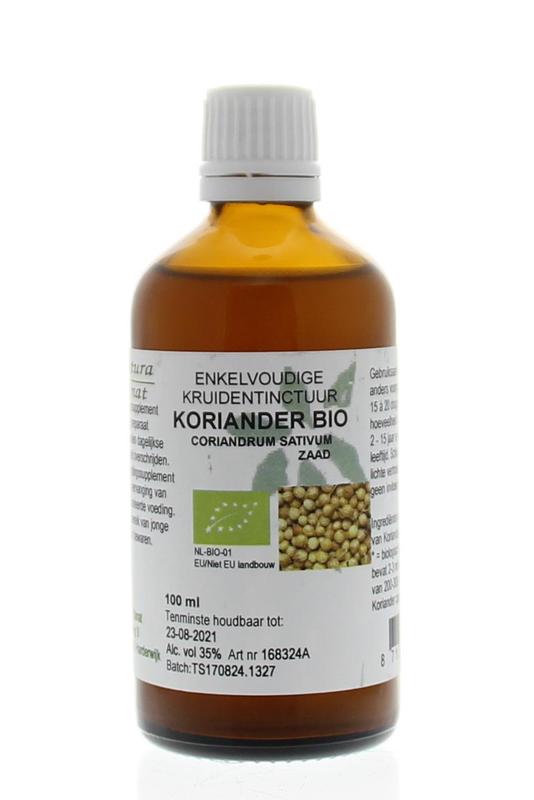 Cruydhof Coriandrum sativum organic coriander tincture in a 100ml bottle, part of herbal preparations, shown in the image.