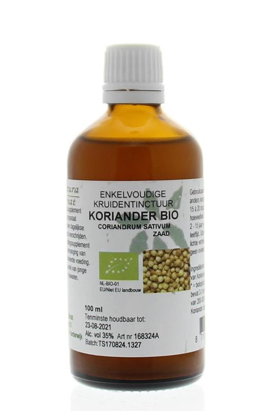 Cruydhof Coriandrum sativum organic coriander tincture in a 100ml bottle, part of herbal preparations, shown in the image.