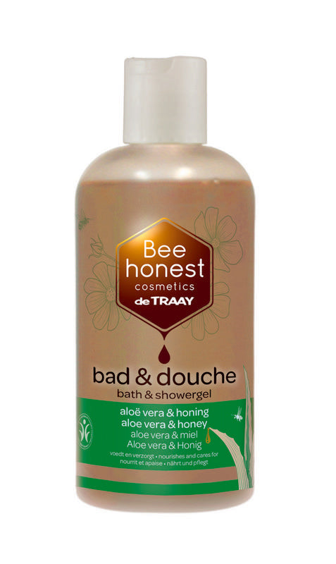 Traay Bee Honest aloe vera honey bath and douche, 250ml bottle, natural soothing product for personal hygiene and skincare.