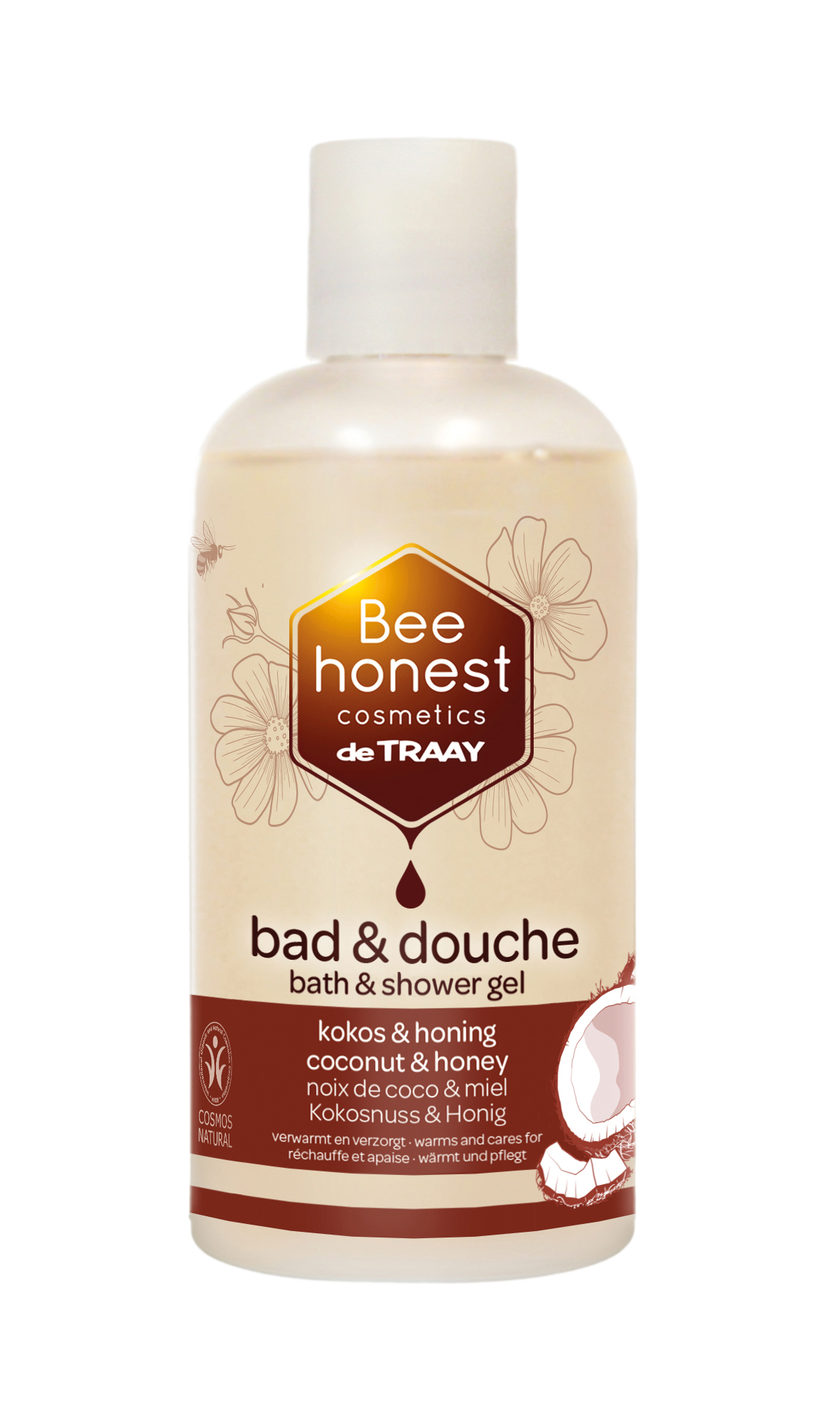 Traay Bee Honest coconut honey bath and shower gel in a 250ml bottle, featuring natural ingredients for cleansing and soothing skin.