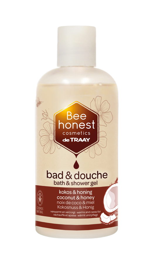 Traay Bee Honest coconut honey bath and shower gel in a 250ml bottle, featuring natural ingredients for cleansing and soothing skin.