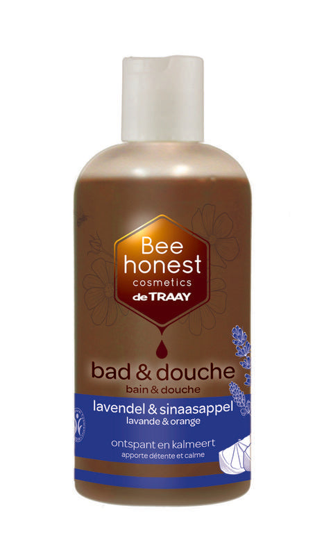 Traay Bee Honest lavender and orange bath and shower gel in a 250ml bottle, featuring a refreshing and soothing appearance.