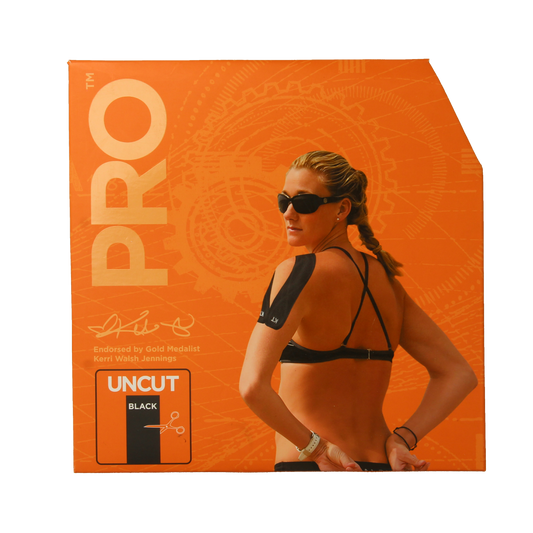 KT Tape Jumbo pro roll 38m black sport tape uncut for athletic support and muscle relief, shown in the image.