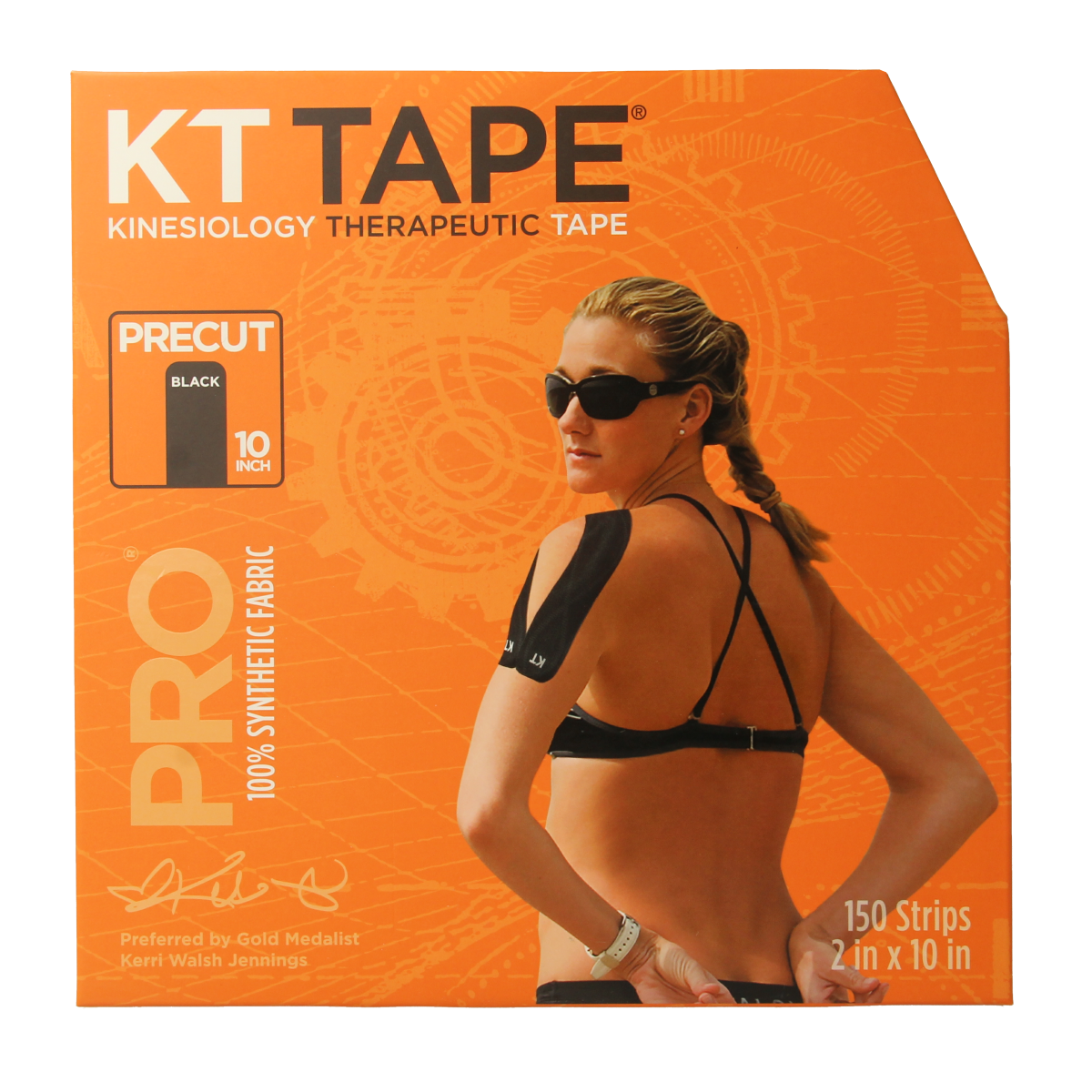 KT Tape Jumbo Pro roll with 38 meters of black sport tape and 150 precut strips, ideal for muscle support and injury prevention.