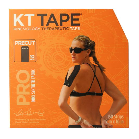 KT Tape Jumbo Pro roll with 38 meters of black sport tape and 150 precut strips, ideal for muscle support and injury prevention.