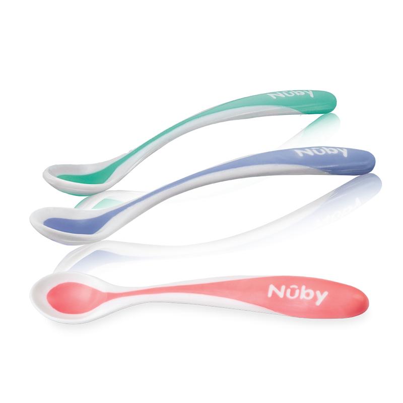 Nuby heat-sensitive toddler spoon with soft edge for children 3+ months, shown with a colorful baby dish in the image.