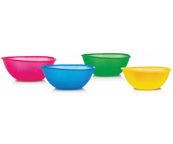 Set of four Nuby toddler cups, featuring colorful, child-friendly designs, perfect for early drinking and eating independence.