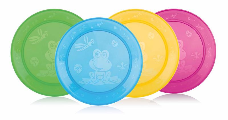 Set of four Nuby toddler plates for ages 9 months and up, featuring colorful, child-friendly designs for mealtime.