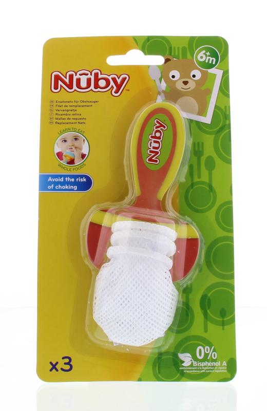 Nuby Sabbelzakje vervangnetjes for baby and toddler feeding, set of 3, soft silicone teething pacifiers on a white background.