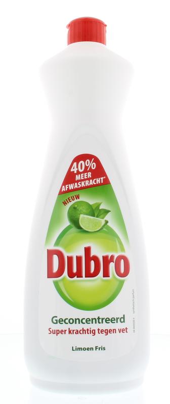 Dubro Afwas limoen fris dish soap bottle with lime scent, 900ml, shown on a kitchen countertop.