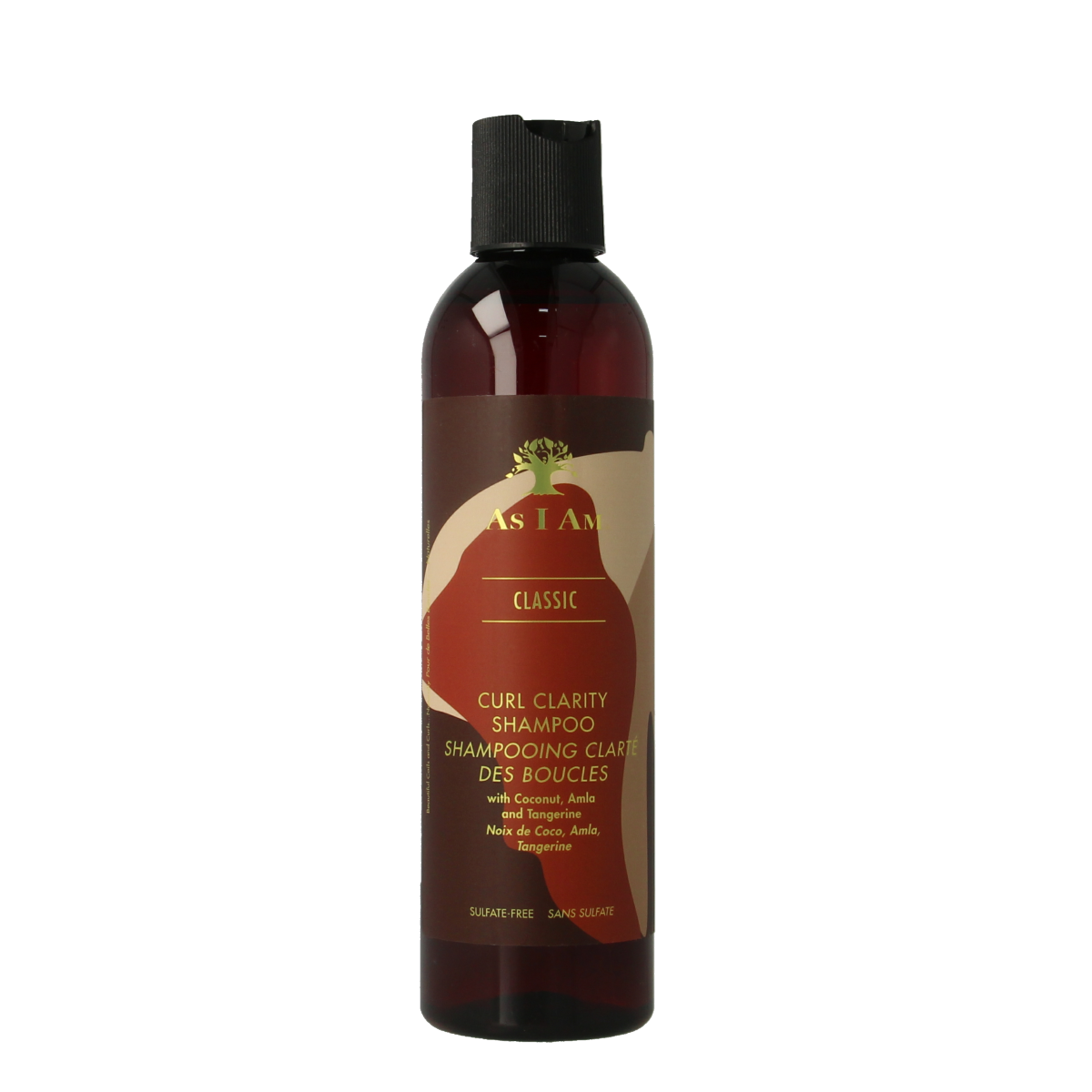 Bottle of As I Am Curl Clarity Shampoo for curly hair, 237ml, featuring natural ingredients and a clear label.