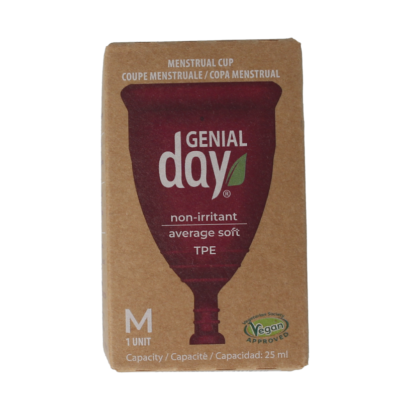 Gentle Day Menstruatie cup M, reusable menstrual cup for women, shown in clear silicone with measurement markings.
