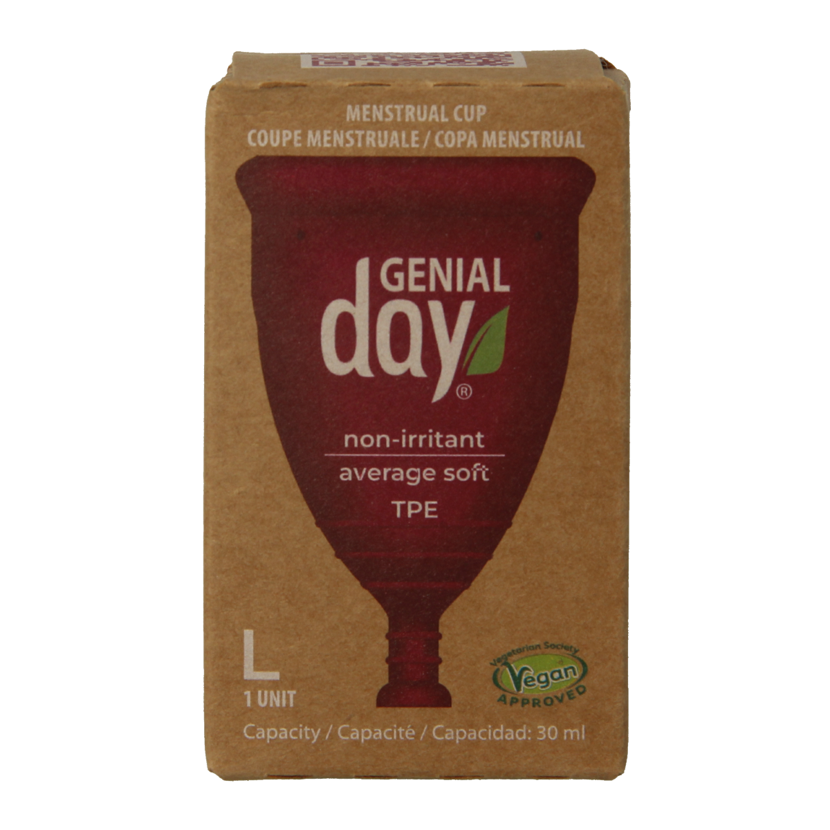 Gentle Day Menstruatie cup L size, reusable menstrual cup for women, made of medical-grade silicone, displayed on a white background.
