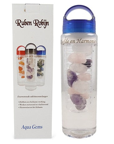 Ruben Robijn Aqua Gems love and harmony drink bottle, 1 liter, for cooking and table use, with a colorful transparent design.