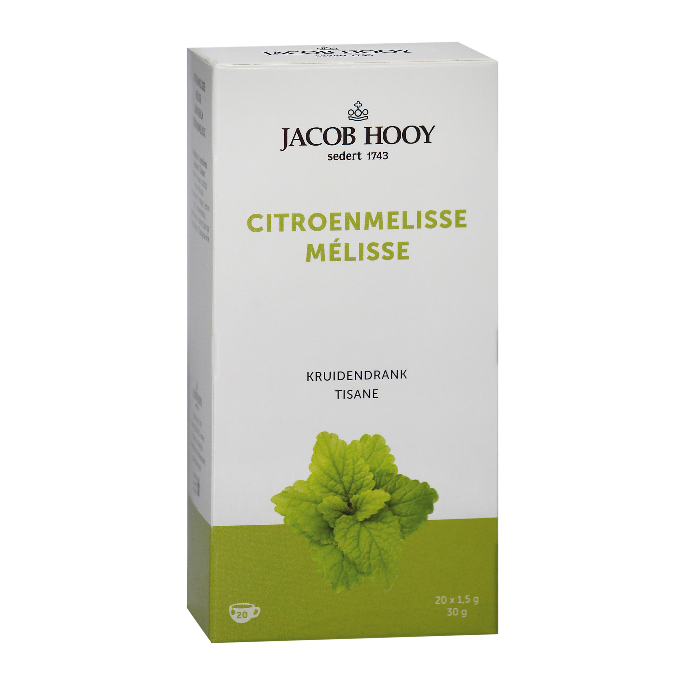 Jacob Hooy Citroenmelisse tea bags in gold packaging, 20 tea bags for soothing herbal tea, natural lemon balm flavor.