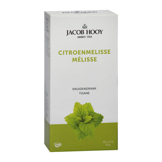 Jacob Hooy Citroenmelisse tea bags in gold packaging, 20 tea bags for soothing herbal tea, natural lemon balm flavor.