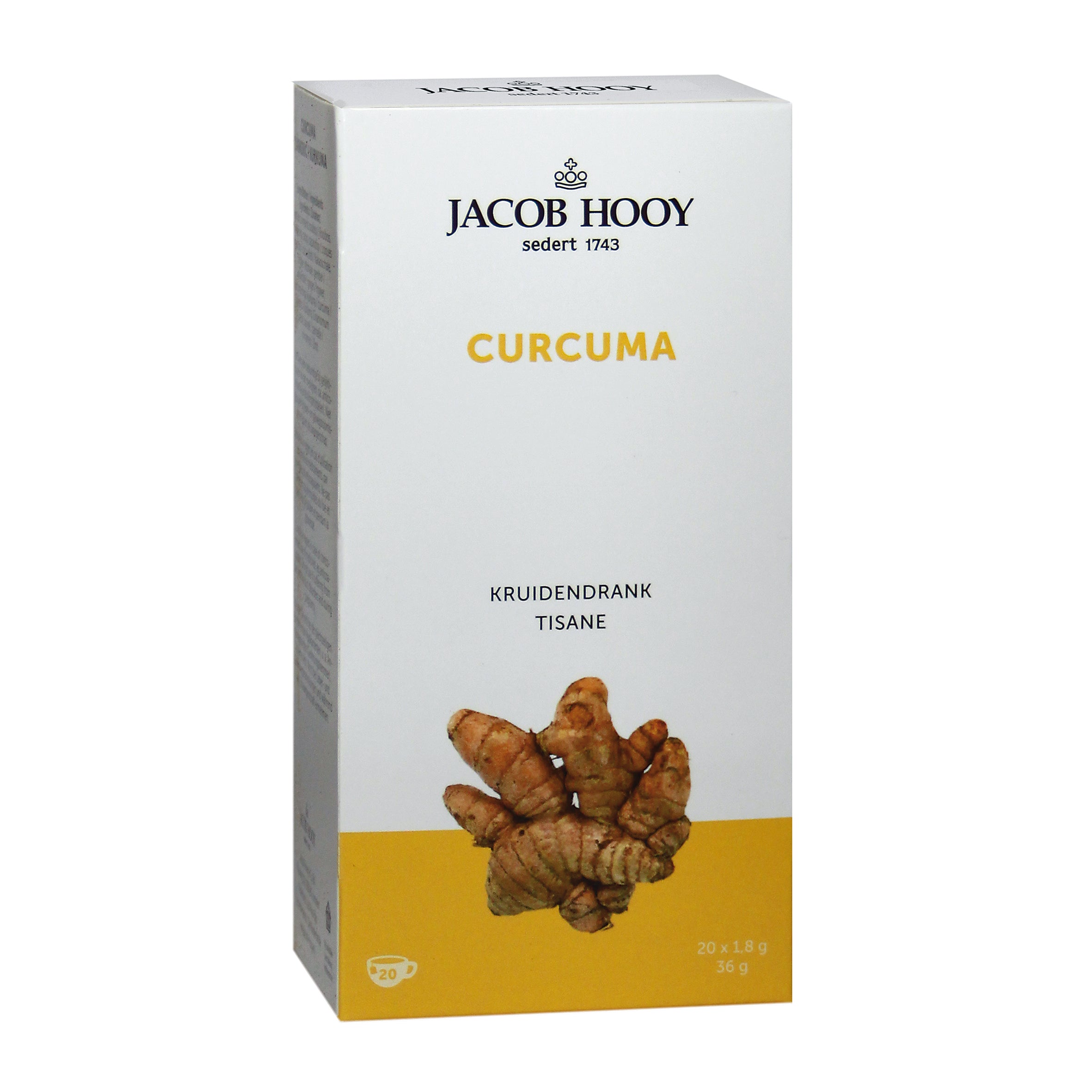 Jacob Hooy turmeric tea bags in a box, 20 gold-colored tea sachets for brewing turmeric-flavored herbal tea.
