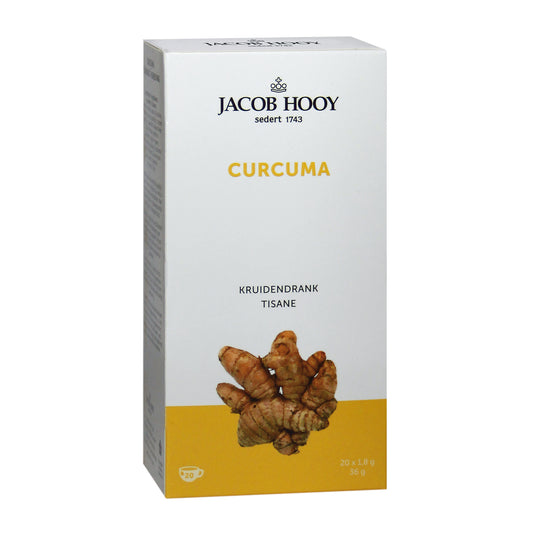 Jacob Hooy turmeric tea bags in a box, 20 gold-colored tea sachets for brewing turmeric-flavored herbal tea.