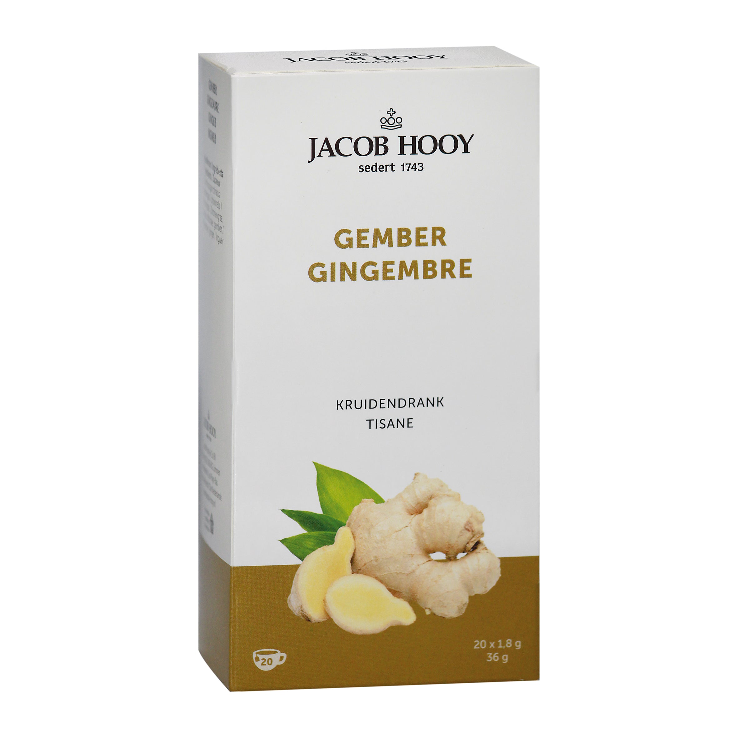 Jacob Hooy ginger tea bags box with 20 tea bags, natural ginger flavor, in a rectangular package, for tea and herbal infusions.