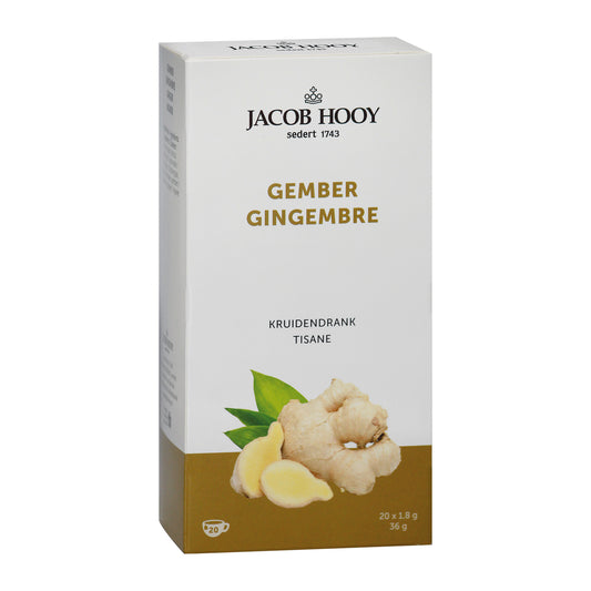 Jacob Hooy ginger tea bags box with 20 tea bags, natural ginger flavor, in a rectangular package, for tea and herbal infusions.