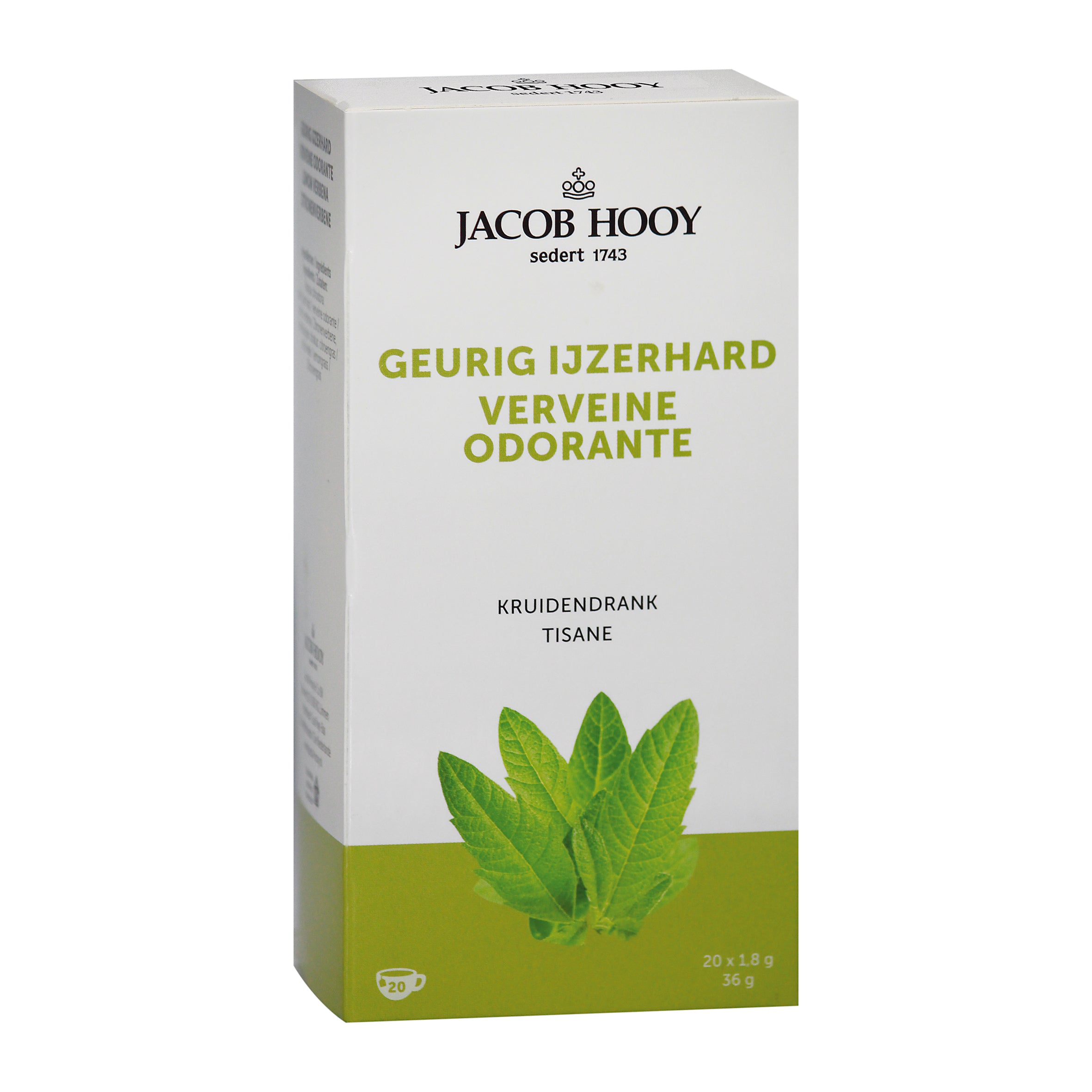 Jacob Hooy Geurig ijzerhard theezak gold, 20 tea bags, for brewing herbal tea in a coffee and tea product image.