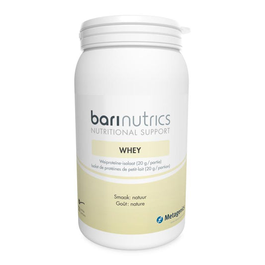 Barinutrics Whey Natuur aminozuren supplement in 477g jar, showing the product label and packaging.