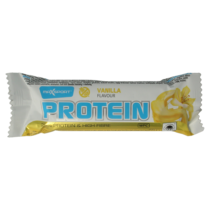 Max Sport vanilla protein bar, 60g, showing the snack wrapper with vanilla flavor and branding.