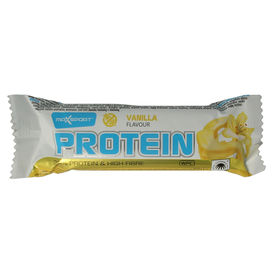 Max Sport vanilla protein bar, 60g, showing the snack wrapper with vanilla flavor and branding.