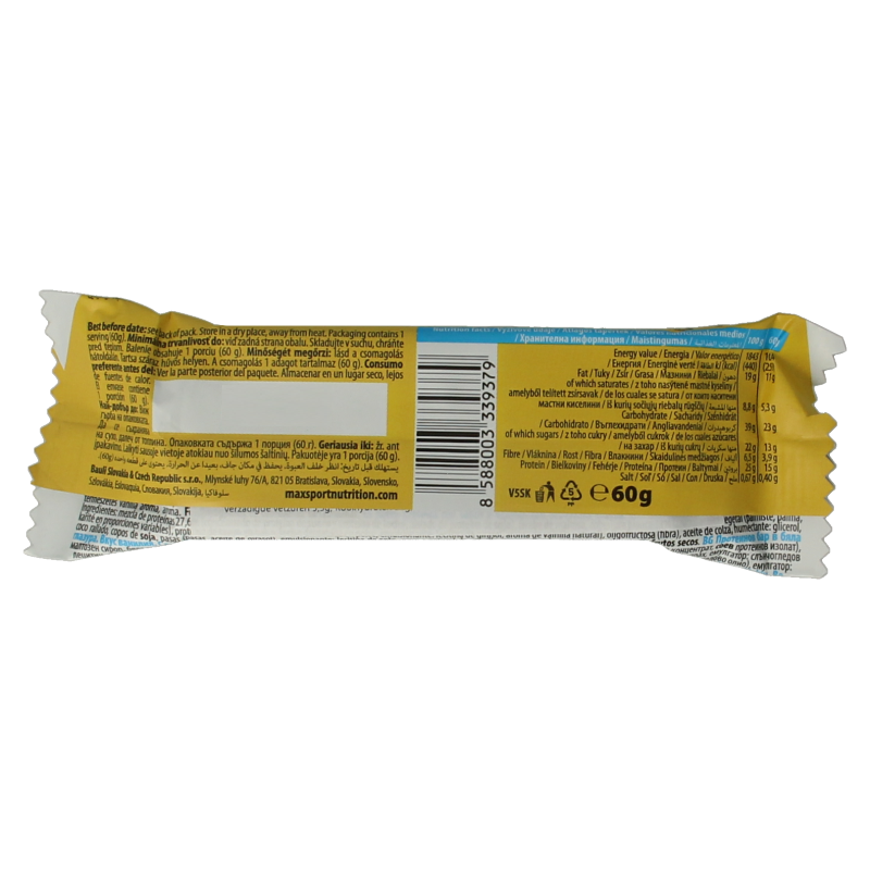 Max Sport vanille proteïne reep, 60g, with vanilla flavor, ideal as a snack or energy boost.