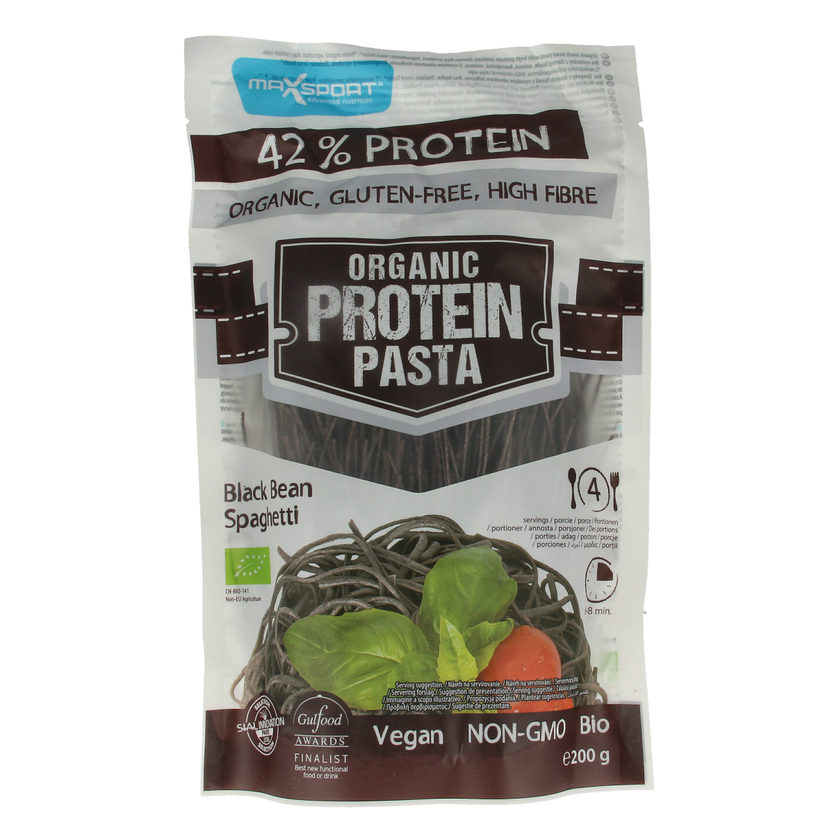 Black bean spaghetti pasta by Max Sport, organic protein-rich rice pasta in 200g package, shown in an image.