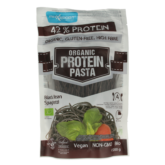 Black bean spaghetti pasta by Max Sport, organic protein-rich rice pasta in 200g package, shown in an image.