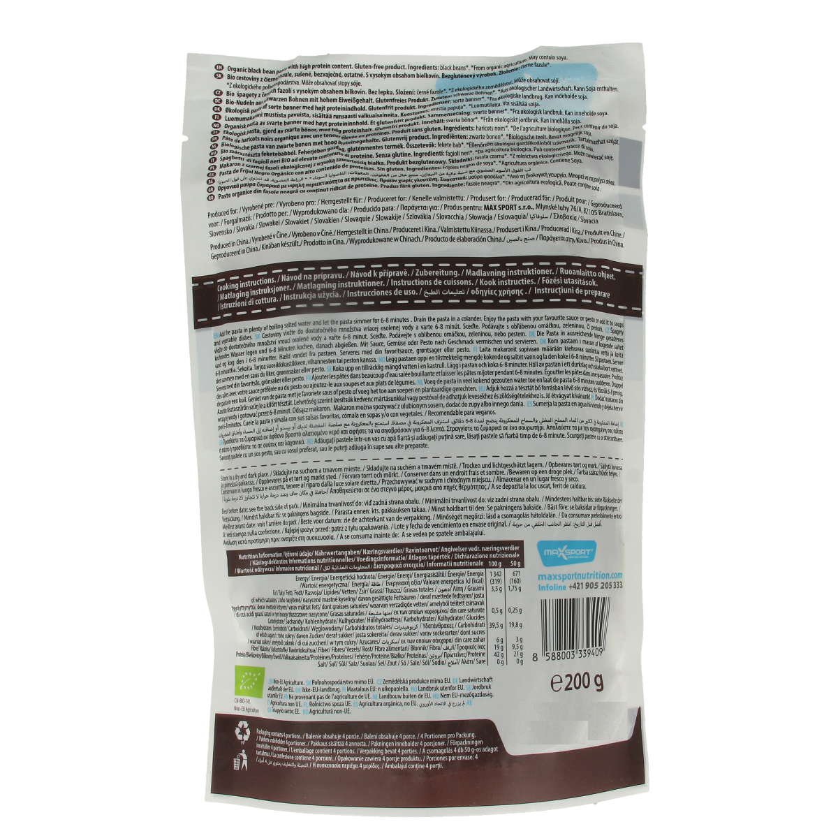 Black bean protein pasta by Max Sport, 200g bio rice pasta with black bean flavor, shown in a clear package.