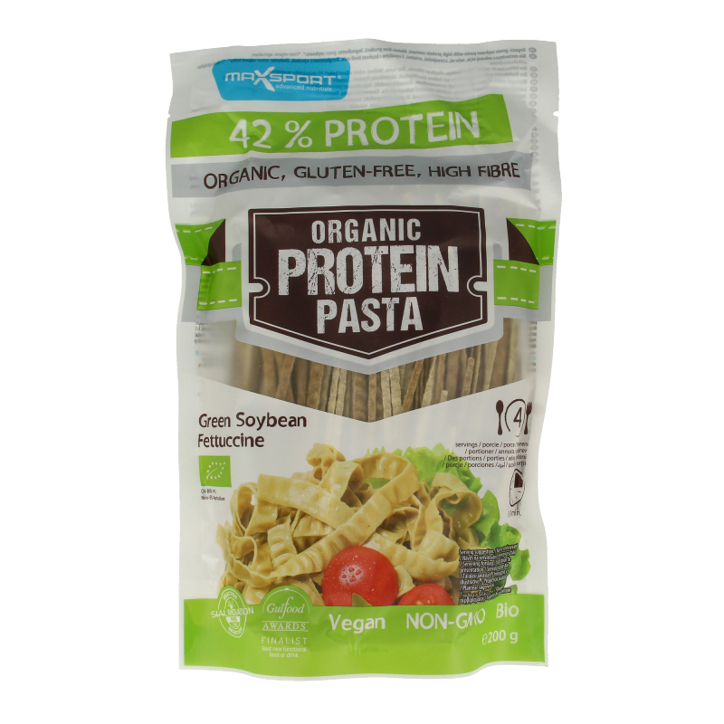 Max Sport Protein Pasta green soybean fettucine bio, 200g, display of fresh green soybean pasta on a white background.