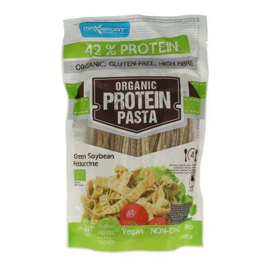 Max Sport Protein Pasta green soybean fettucine bio, 200g, display of fresh green soybean pasta on a white background.