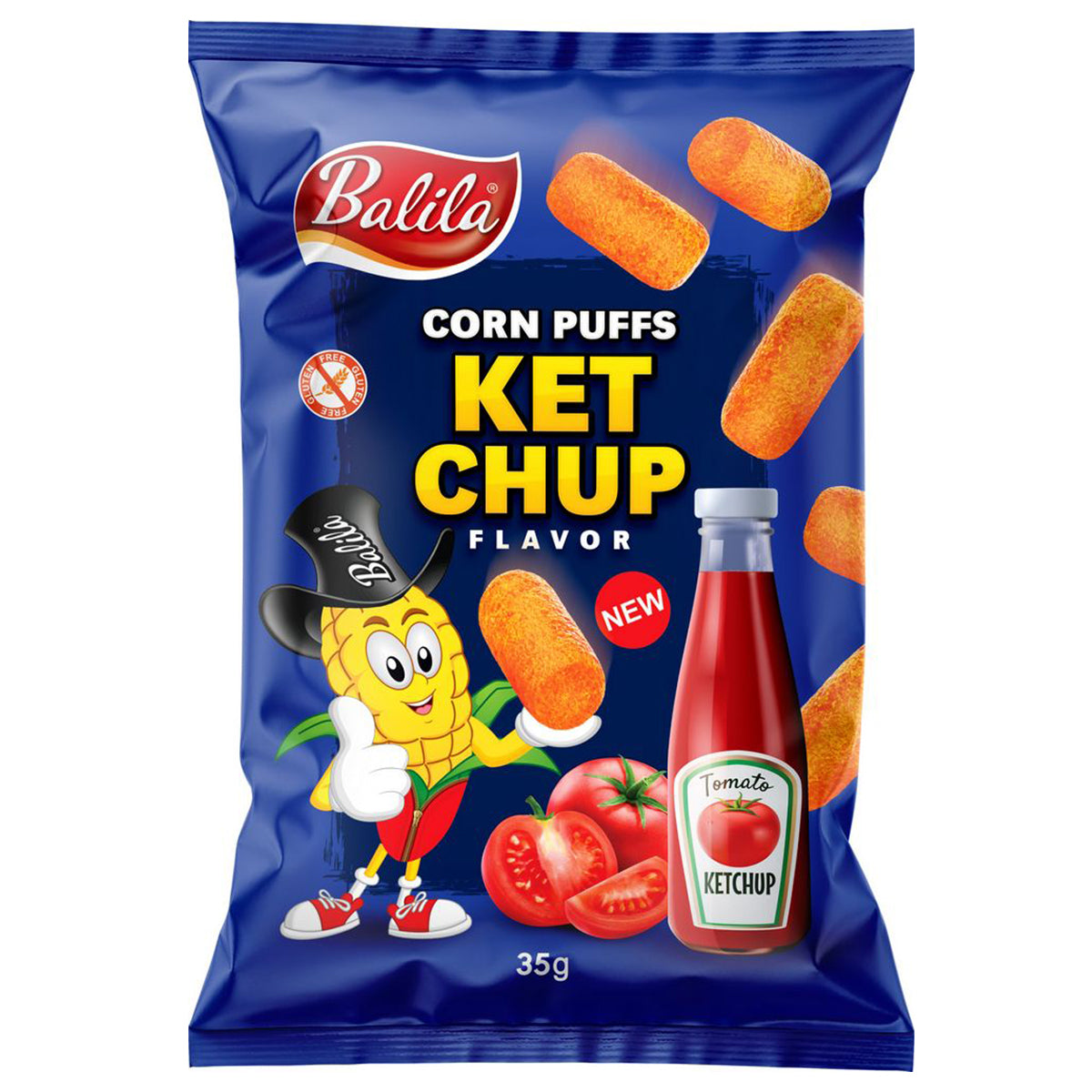 Balila Corn Puffs Ketchup gluten-free chips in 35g bag, crispy snack with bright ketchup flavor and colorful packaging.