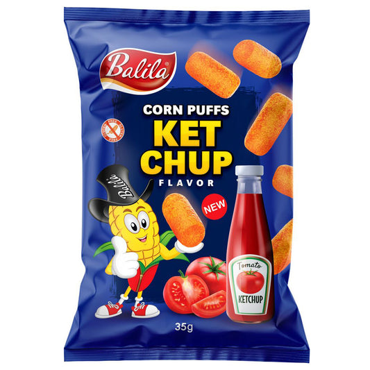 Balila Corn Puffs Ketchup gluten-free chips in 35g bag, crispy snack with bright ketchup flavor and colorful packaging.