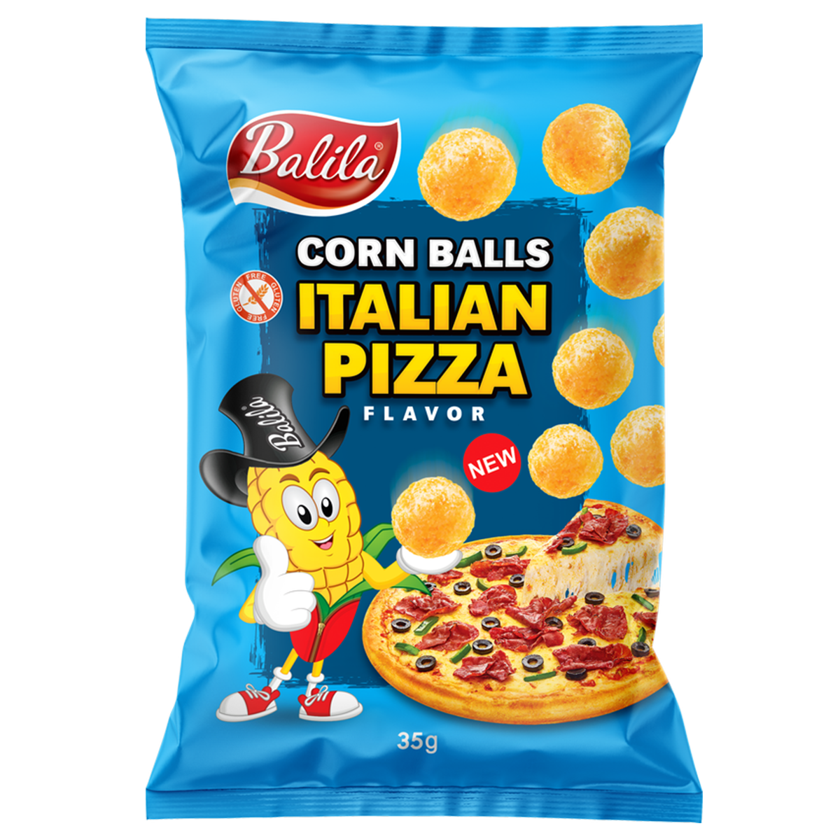Balila gluten-free Corn Balls Italian pizza flavor chips, 35g, crunchy snack with savory pizza seasoning.