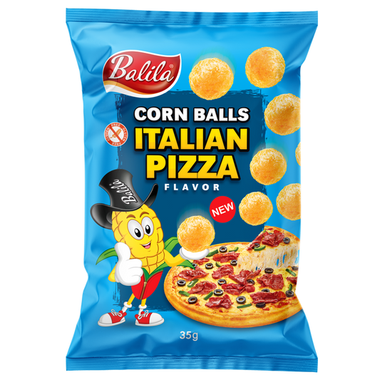 Balila gluten-free Corn Balls Italian pizza flavor chips, 35g, crunchy snack with savory pizza seasoning.