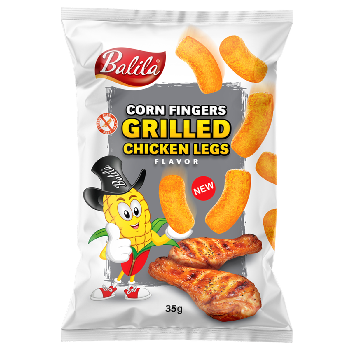 Balila grilled chicken corn puffs, gluten-free chips and zoutjes, 35g, crispy snack with a savory flavor.