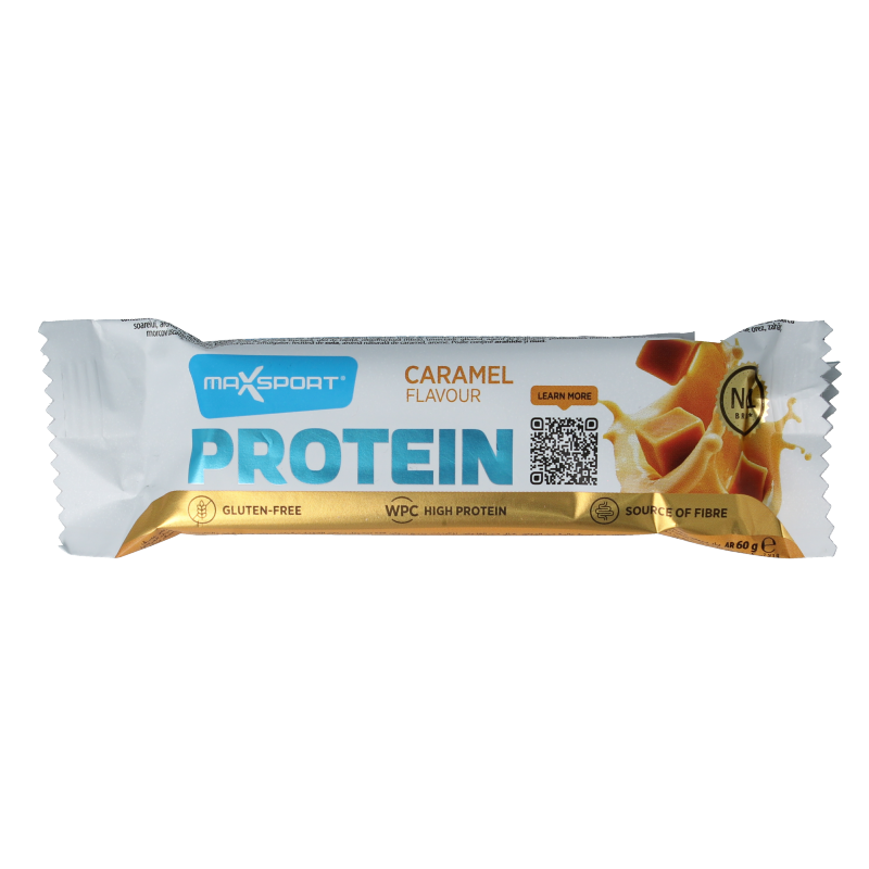 Max Sport caramel protein bar, 60g, showing a close-up of the snack with caramel filling and chocolate coating.