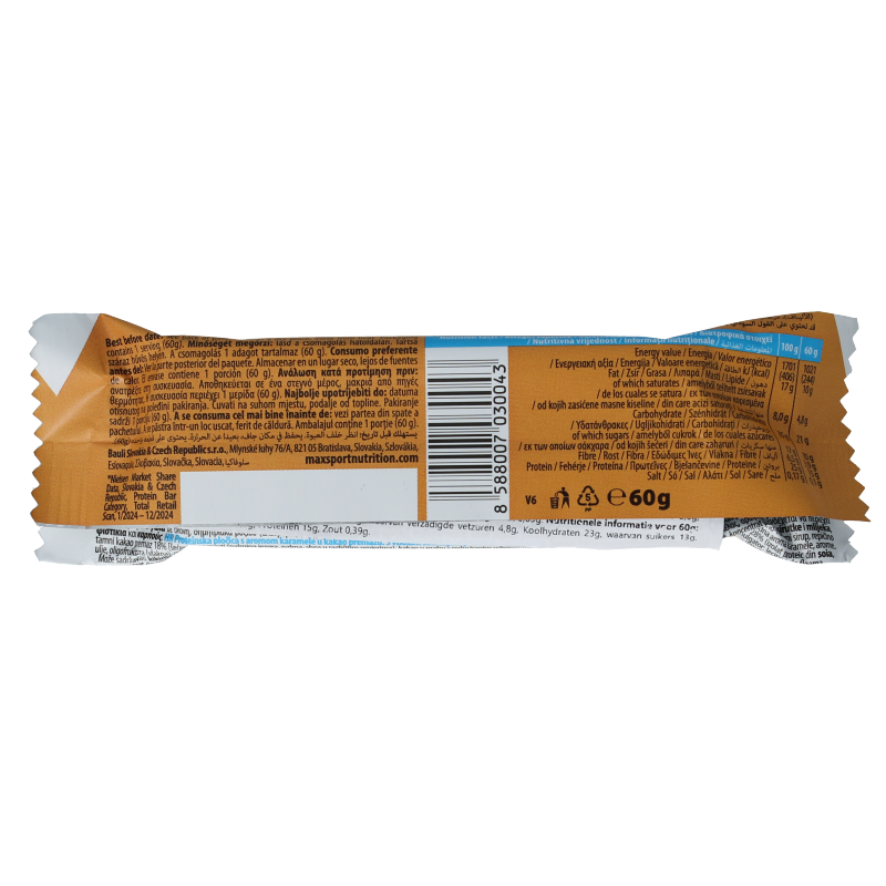 Max Sport caramel protein bar, 60 grams, in a clear wrapper, showing the snack's texture and caramel filling.
