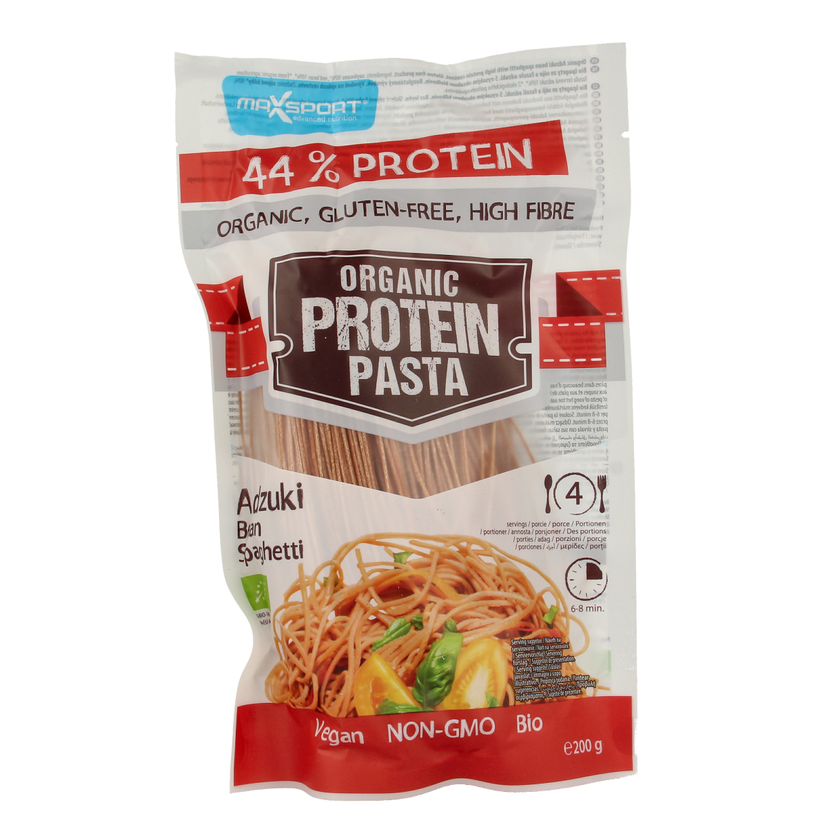 Max Sport adzuki bean protein pasta in rice pasta form, 200g, organic, gluten-free, high-protein plant-based spaghetti.