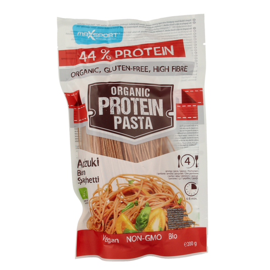 Max Sport adzuki bean protein pasta in rice pasta form, 200g, organic, gluten-free, high-protein plant-based spaghetti.
