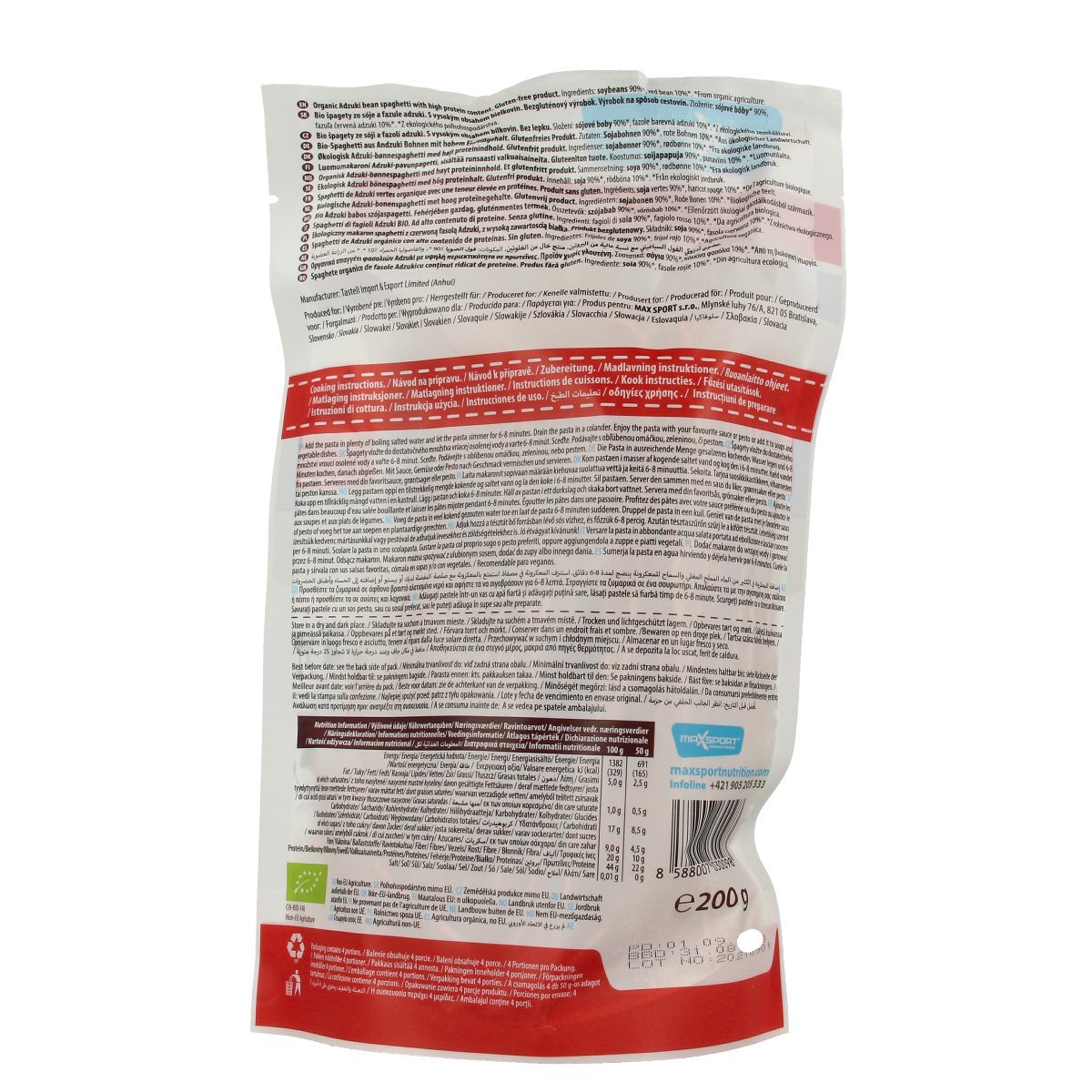 Max Sport adzuki bean protein pasta in rice style, 200g, with natural, gluten-free rice and adzuki bean ingredients.